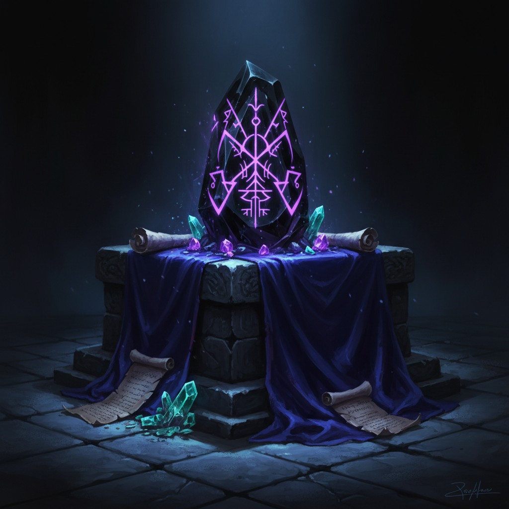 A large black crystal with purple runes is surrounded by various crystals, scrolls, and a blue cloth on a stone pedestal.