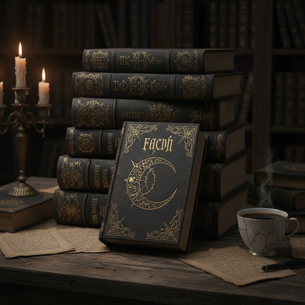"a stack of black books in an occult study, with a white teacup and a copper candleabra in the foreground"