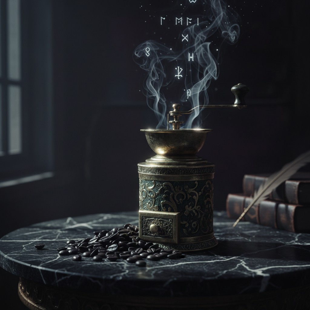 The alt text for the image reads: A crystal heart in the center of a desk surrounded by old papers; two decorative tombsto...