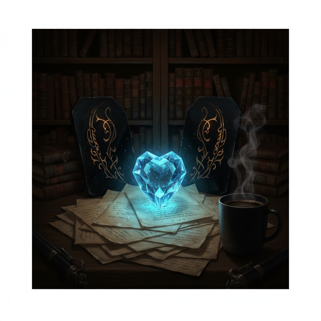 A fantasy-inspired still life of a glowing blue crystal, two black coffins with gold filigree, and handwritten notes.